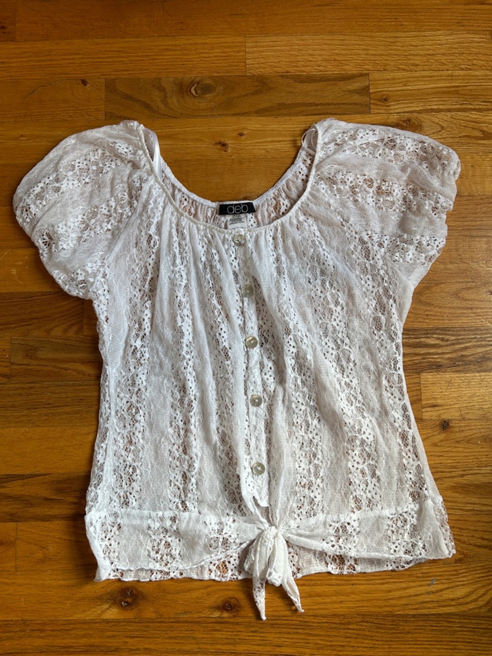 Deb White Lace Button-Tie Short Sleeve Blouse